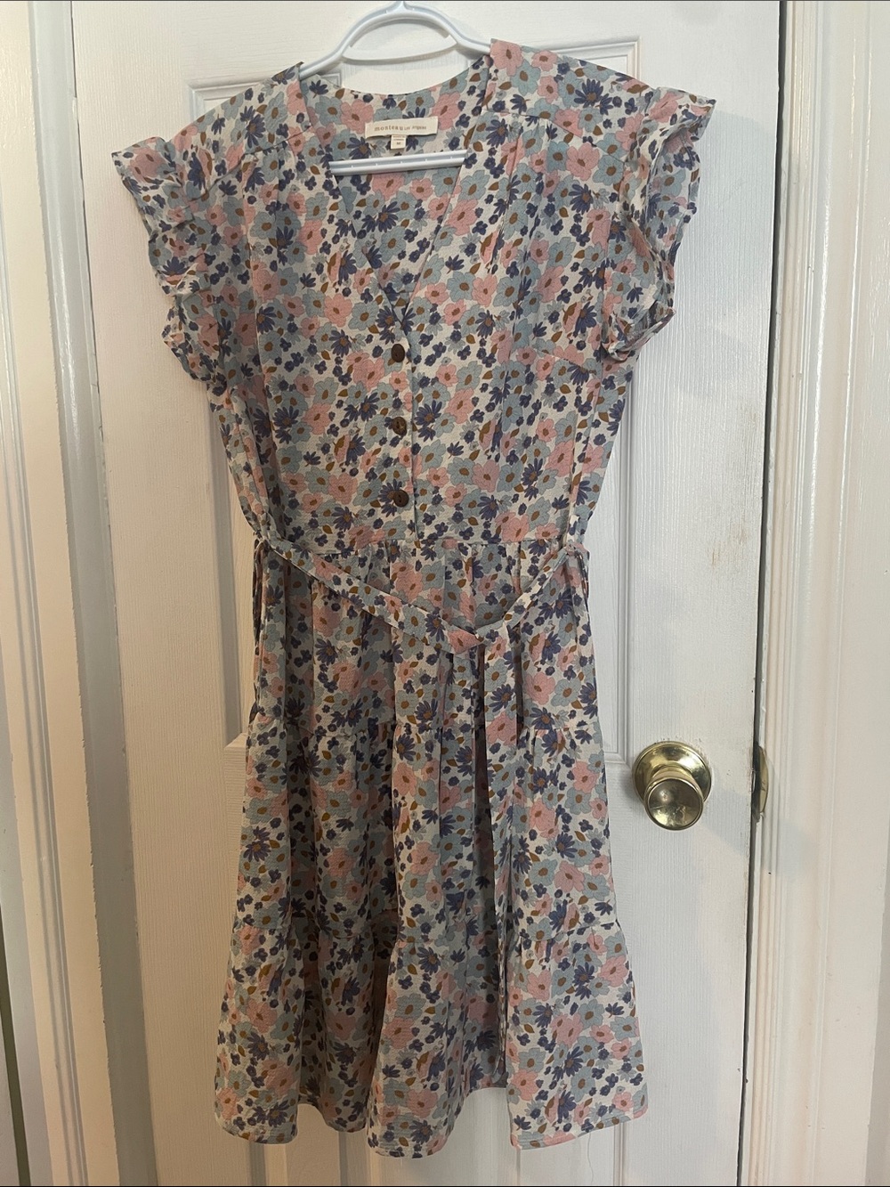 Monteau Los Angeles Floral Mini Dress Size M Boho Cottagecore Tie Waist